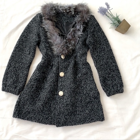 NWOT Fur trim coat, marbled grey, wool, size XS/S, gold button. - Picture 1 of 8